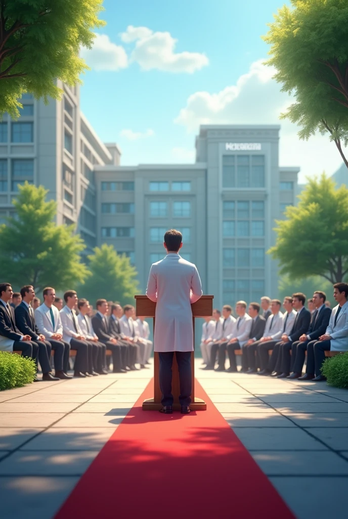 A doctor addressing other doctors in an outside event on the hospital compound there are red carpets
