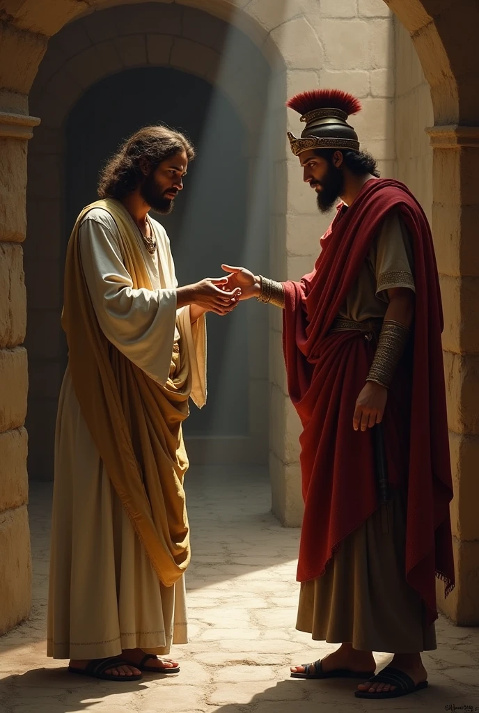 JUDAS TALKING TO A ROMAN SOLDIER AND TAKING MONEY FROM A SMALL BAG 