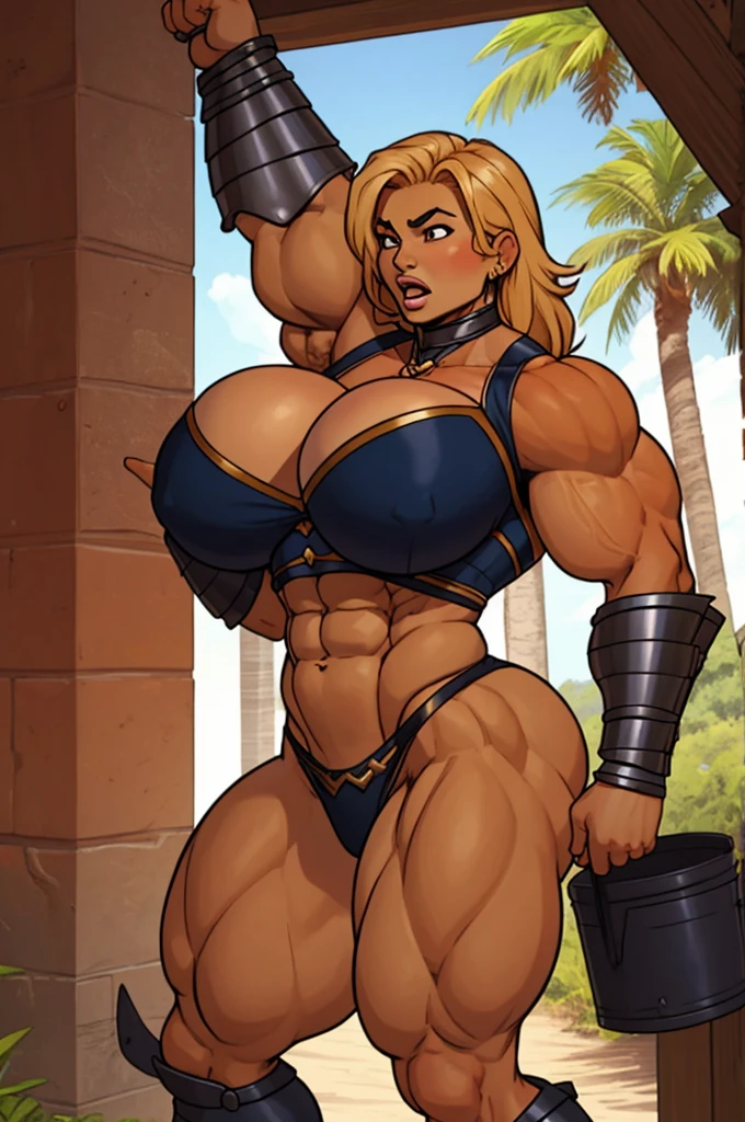 young girl, amazon warrior, pushing ou her chest, young, teens, muscular, athletic, buff, attractive, curvy, powerful, bulky, incase, super tanned, extremely huge thighs, hypermuscular legs, extremely pumped up quad muscles , wearing skimpy armors, perfectly round breasts, breast implants, unaligned breasts, with dumb expression,