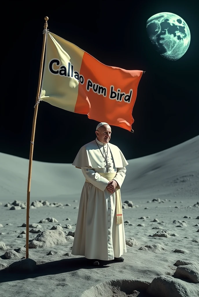 A realistic photo of Pope Francis, on the moon with a flag that says:
"CALLAO PUM BIRD"