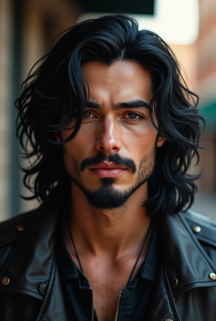 A young man, long black voluminous hair, tem bigode, barbicha, Caucasian skin, he is wearing a leather jacket