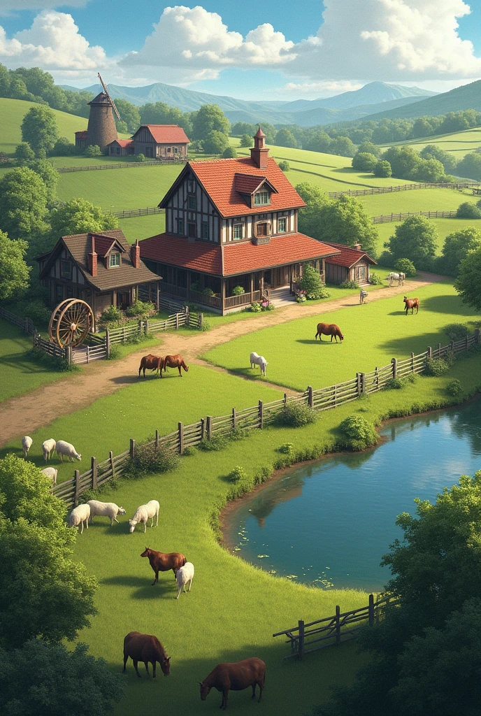 Make a farm that has a large house and next to it a lake where there are cattle grazing and behind the fence a pen with sheep and horses and a mill and a barn. 