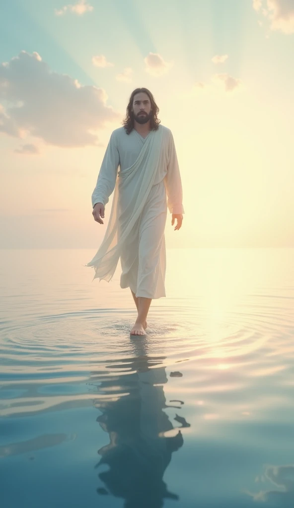 Create a serene and uplifting image of Jesus walking on water. Depict Jesus calmly and confidently walking across the surface of a tranquil lake or sea, with gentle ripples reflecting His figure. The background should feature a peaceful sky, perhaps with soft pastel colors or a sunrise, to enhance the sense of divine calm and miraculous power. The overall mood should convey a profound sense of faith, peace, and the awe-inspiring nature of His divine abilities.