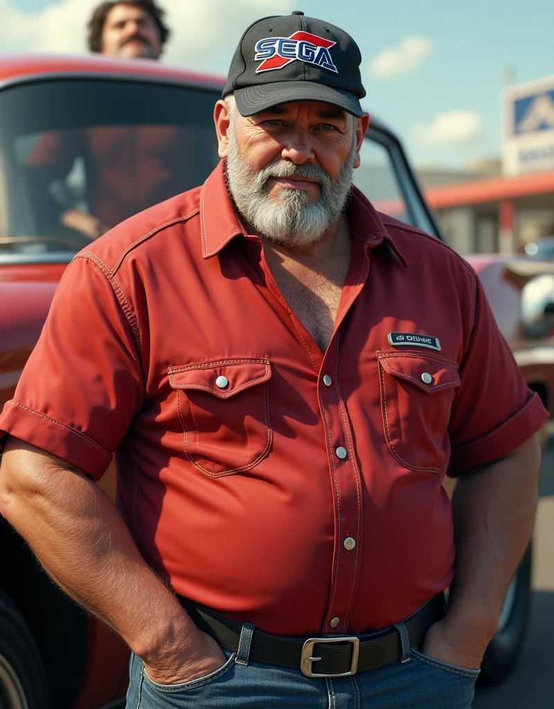 a realistic close up of a man in his 60s wearing a red shirt and blue jeans, as a character in tekken, beefy, realistic textures, jeff bridges with a goatee, best friend smiling at you with encouragement, Out Run 2 flagman, 2 k, 2k, muscular bernie sanders, buff man, character from king of fighters, robust stocky body, hide the pain harold, name of character is flagman, wise face, his cap has a SEGA logo on it, (short GREY hair)