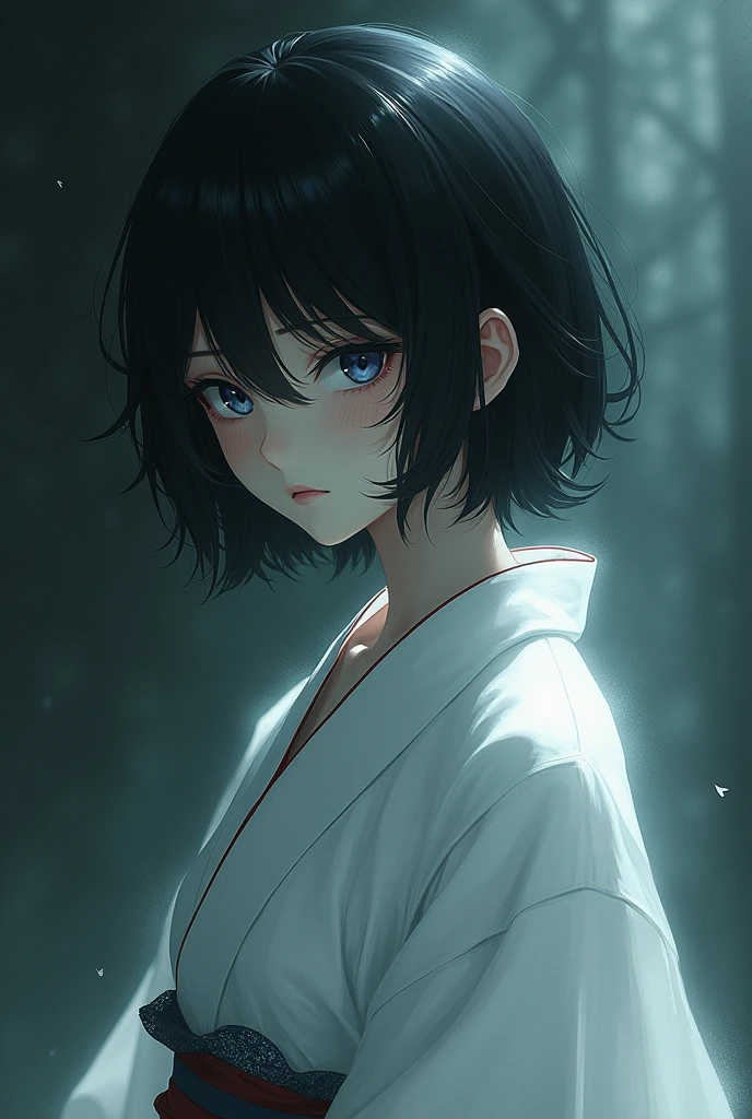 Very detailed anime art style, female, very detailed hair, dark hair, very short hair, very messy hair, bangs covering eyes, extremely detailed clothes, white kimono, creepy, scary, ghost like