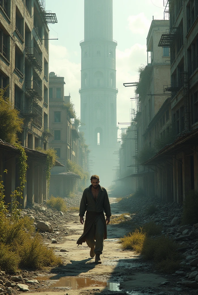A man walking through a ruined city with a giant tower in the background