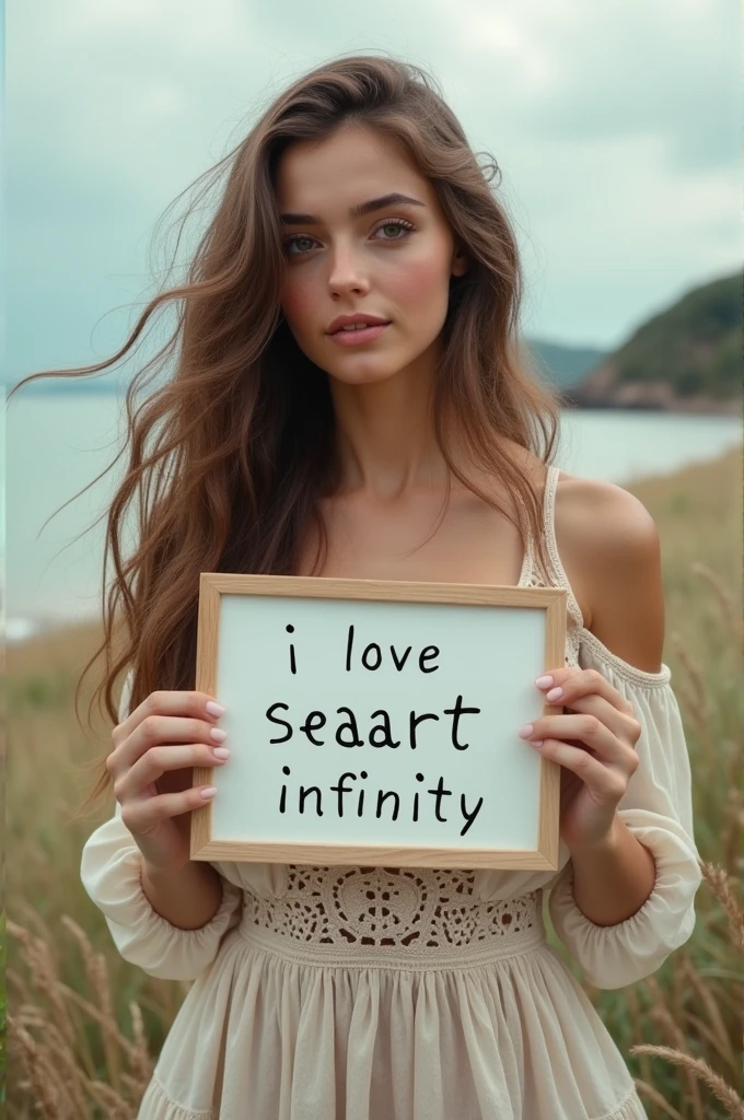 Beautiful girl with wavy long hair, bohemian dress, holding a white board with text "I Love Seaart Infinity" and showing it to the viewer