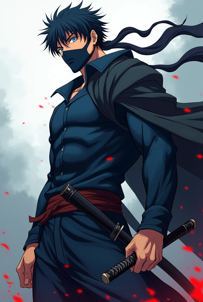 A anime male character look straight and face mask eyes blue rase hand katana stand figur