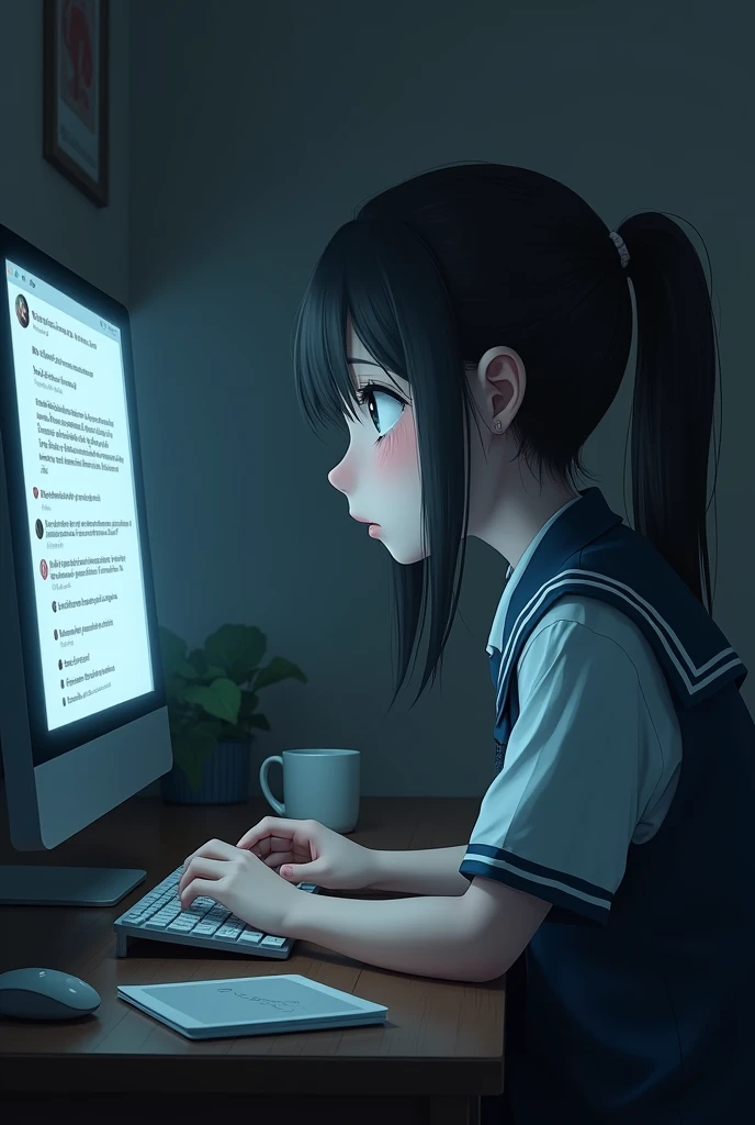 a high school student wearing a uniform while shes on her computer crying while reading some bad comments on internet, theres have a negative comments on her side