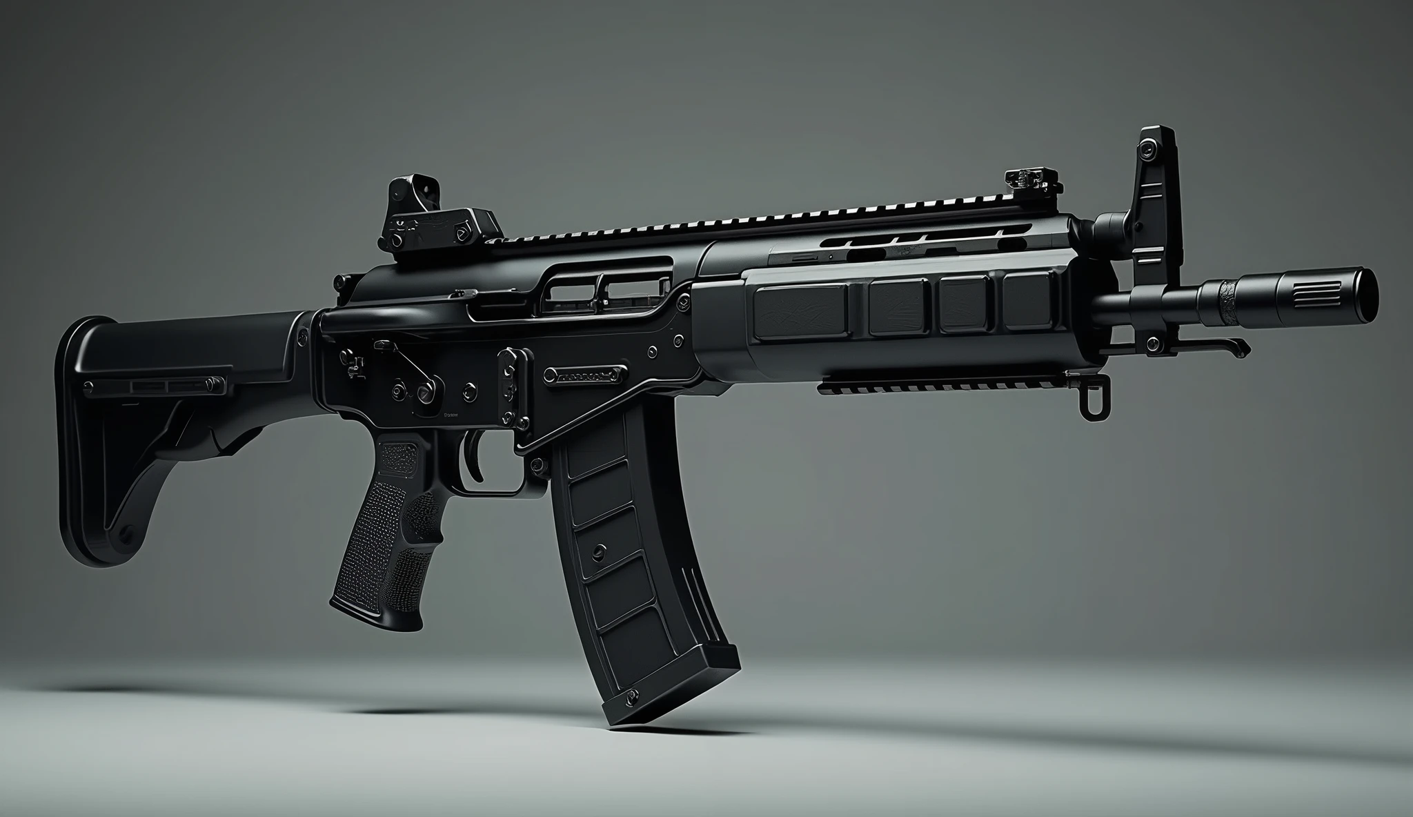 A highly detailed, photorealistic, 8K photograph of a AK-12 carabine , black-colored, studio lighting, hyperrealistic, masterful lighting and shading, cinematic composition, intricate textures, premium quality