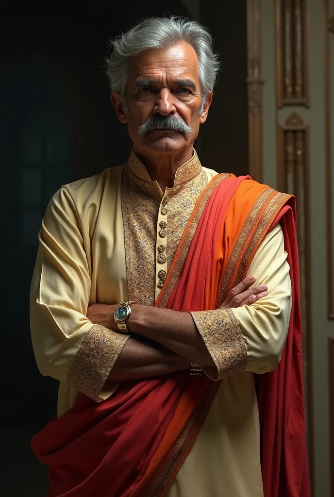 A young man with a mustache, Age 60 ,I look like Bruce Wayne from the Batman movie., Wear Indian clothing such as a kurta.
