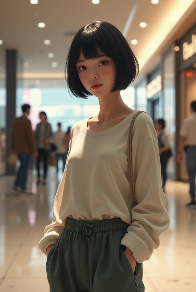 A black hair girl with short hair with chinese looking face in baggy cloths standing in a mall, looking realistic 