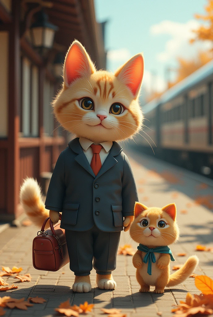 35mm lens,Cat,Standing,Doll,Carrying a small school bag,Japanese style,Tram,Hokkaido,Autumn Station,Wooden house,Platform, cloak,Ruan Jia,Suit,tie,花Cat,Stupid Dog,Muscular male Cat, (Delicate face), (Fine fluffy fur)