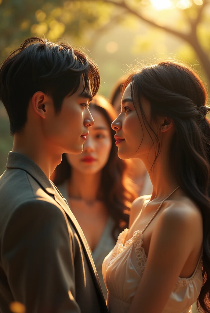 Create an image where there are five people, Two twin men and three women in love with them where these people are Korean and they are about 2. cover of a romantic-dramatic work. Let the image be realistic
