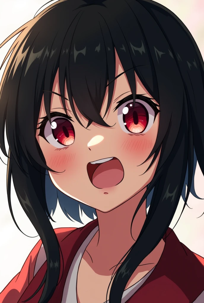 ahegao, Megumin, short hair, black hair, (red eyes:1.3), short hair with long locks, 