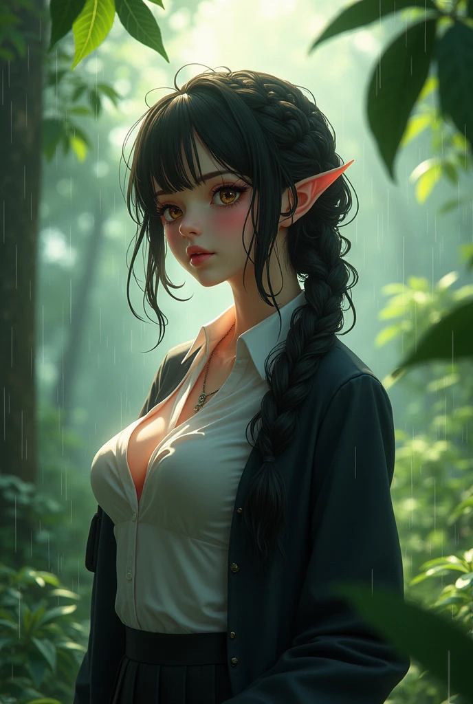 , (beautiful girl: 1.3), 1 girl, masterpiece, Maximum quality, ultra high resolution, rich contrast, Super high quality, 8k, Highly detailed CG unity wallpaper, texture, incredibly absurd, ultra high resolution, RAW Photos, Depth of the U.a 1.2, with a view, (magnificent panoramic view: 1.3), (uniform of the U.A and pleated skirt: 1.5), Jet black hair, crown braid, very detailed eyes, (sensual), shiny skin, Elf's ears, moccasins, leaves dripping rain, sunlight through the trees ,post-rain scent,Her jacket is open and her breasts are exposed., blushing, Sigh,look up,(((wet))),((big breasts)),After the rain,I draw My Hero Academia
