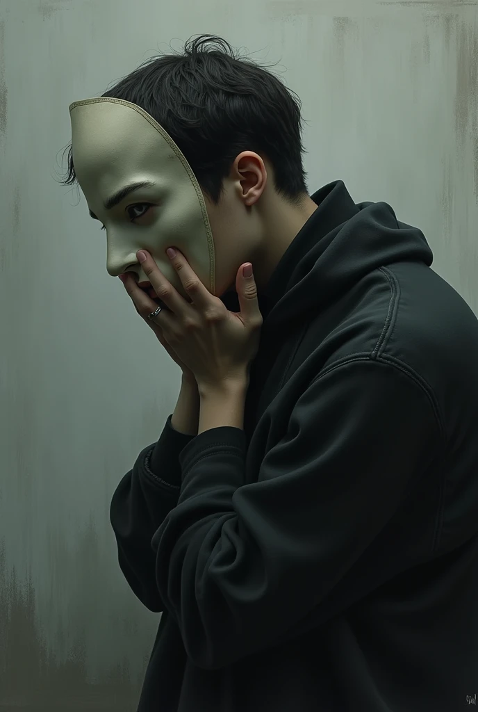bman bowed head sad with mask