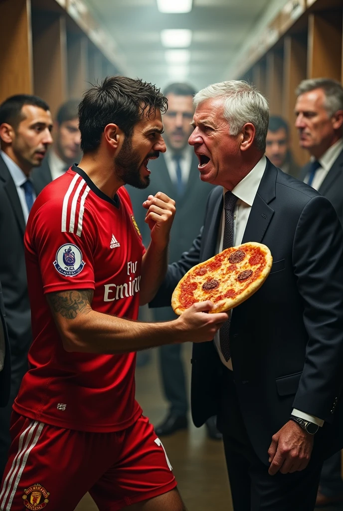 Angry Cesc fabregas throwing a pizza at Alex Fergusons face in a packed dressing room during a commotion