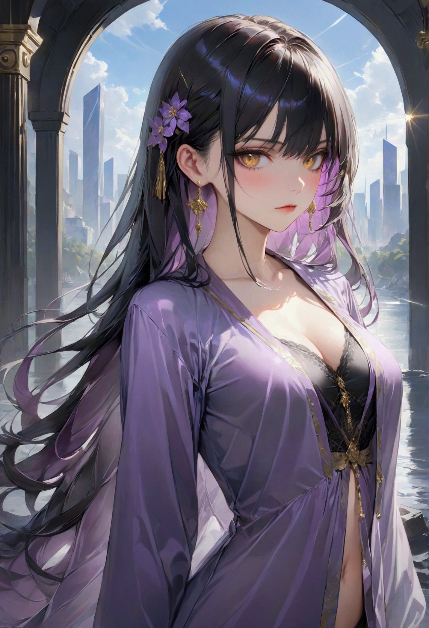 Long smooth straight black hair, inner colored dark-purple hair, golden eyes, sleepwear, masterpiece, super detail, best quality, 8k,semi-realistic