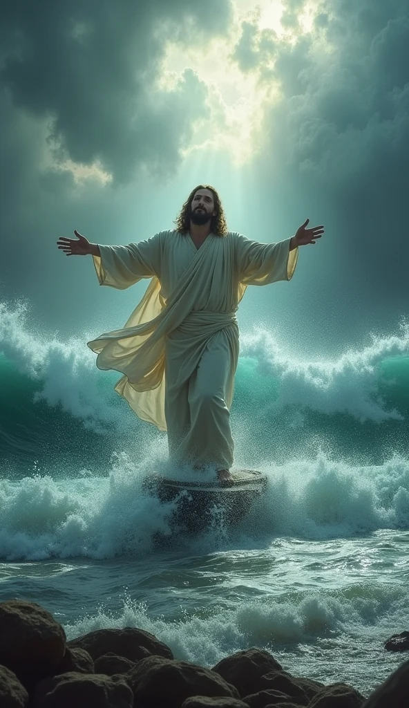 Create a powerful and dramatic image of Jesus calming a storm at sea. Depict Jesus standing in a boat or on the shore, with His arms outstretched or speaking firmly to calm the raging waves and turbulent winds. The background should show a dramatic sky with dark clouds and crashing waves, gradually calming as Jesus’ presence asserts control. The overall mood should convey a sense of awe, authority, and the miraculous intervention of divine power.