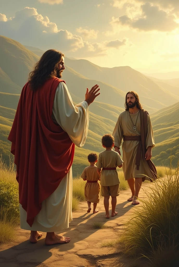 Jesus with his back turned calling a family of father, mother and son to come out