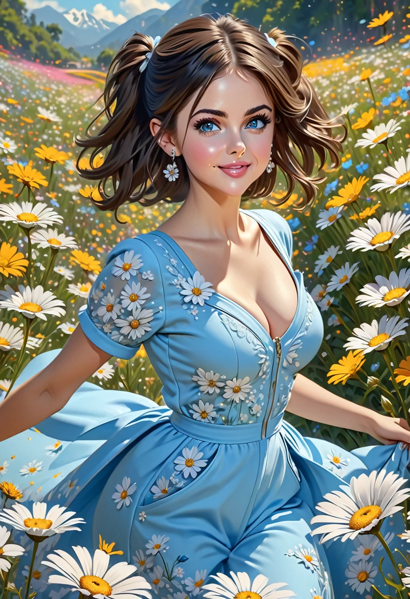 nose piercing, standing, jewelry, BABY-BLUE jumpsuit (insanely detailed, beautiful detailed face, masterpiece, best quality), cleavage, piercing blue eyes. TWIN-TAILS. BEAUTIFUL COMBO OF SELENA GOMEZ AND ALISON BRIE. dd-cup sized breasts. short and dainty. happy, smiling cheerful face. Skipping in a magical meadow of daisies. Magical realism. 1950s Panovision 70. 4K Ultra HD, Extreme Detail And Intricate Realism. Stunning 2D Vector Detailed clear. lifelike.

