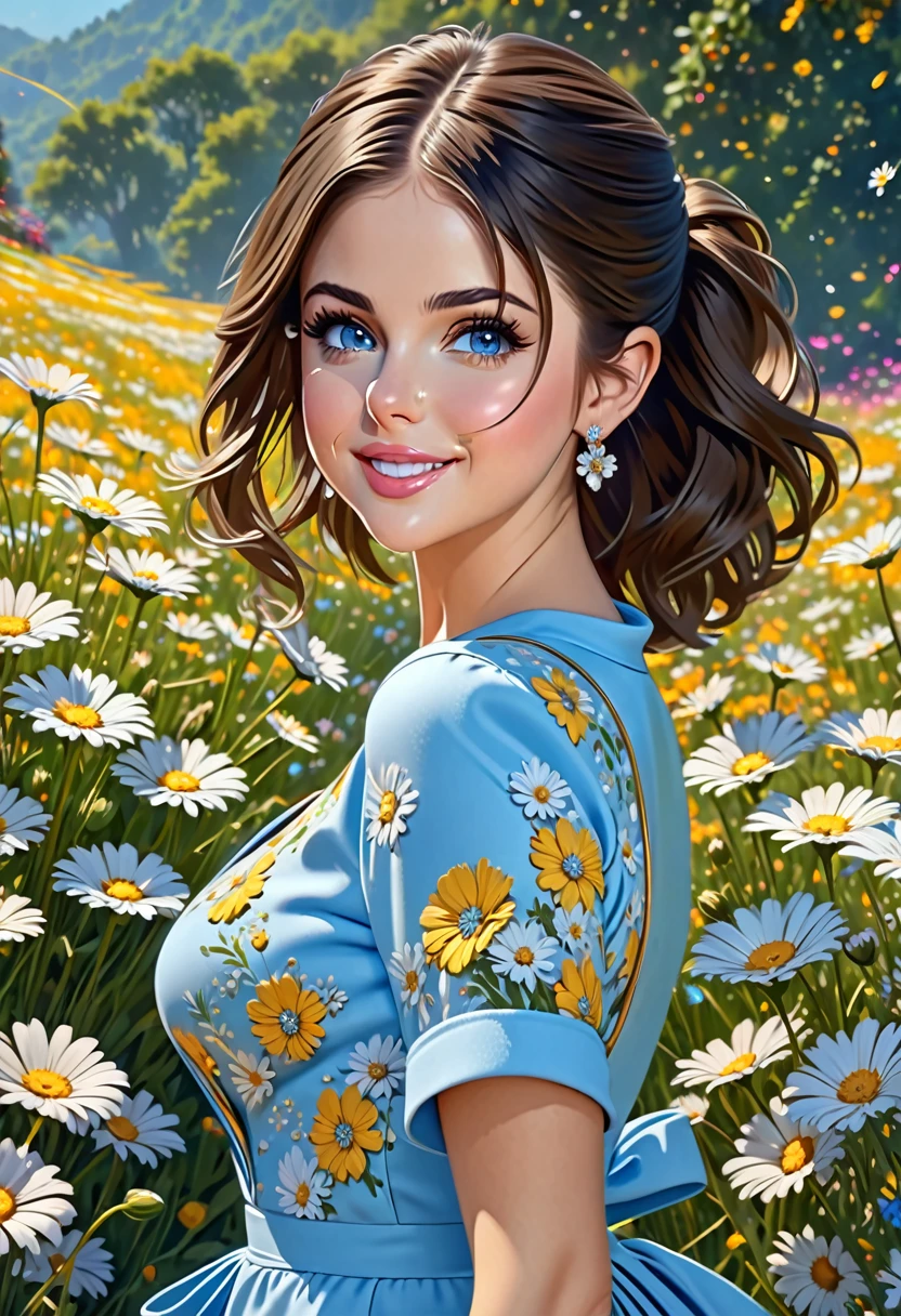 nose piercing, standing, jewelry, BABY-BLUE jumpsuit (insanely detailed, beautiful detailed face, masterpiece, best quality), cleavage, piercing blue eyes. TWIN-TAILS. BEAUTIFUL COMBO OF SELENA GOMEZ AND Kat Dennings. dd-cup sized breasts. short and dainty. happy, smiling cheerful face. Skipping in a magical meadow of daisies. Magical realism. 1950s Panovision 70. 4K Ultra HD, Extreme Detail And Intricate Realism. Stunning 2D Vector Detailed clear. lifelike.
