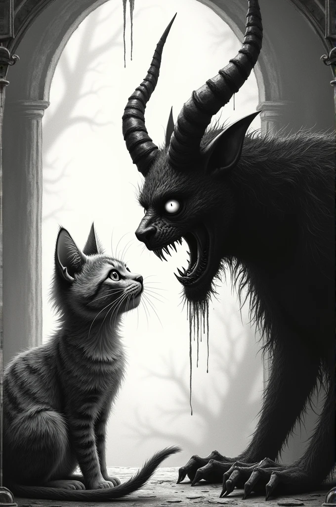 John Kenn Mortensen Style - Haute Résolution, surréaliste,Le chat parle au diable、Grimm'les contes de fées、Illustration en noir et blanc、
