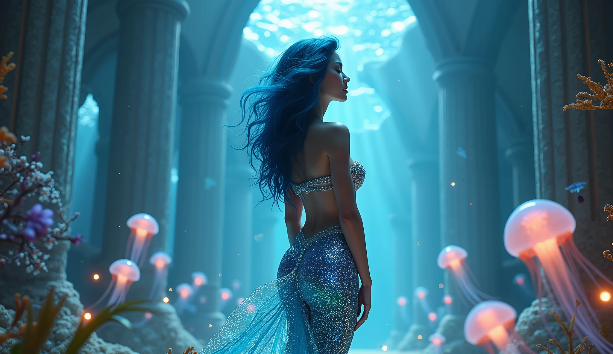 Setting: A magical underwater palace with crystal-clear waters and an ethereal glow, where a seductive mermaid sings softly.
Description: The mermaid has rich, deep blue hair and a glittering, opalescent tail that reflects the light in various colors. She wears a revealing, elegant top adorned with pearls and gemstones. Her voice seems to enchant the surrounding sea life, and she is surrounded by drifting, luminous jellyfish and delicate sea plants. The background features grand, coral columns and sparkling sea gems, enhancing the sense of fantasy and tranquility. The entire scene is bathed in a gentle, soothing light that invites relaxation and focus. Aim for realistic depiction, make sure photos are at highest resolution (8K)