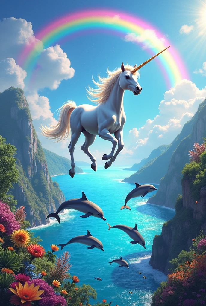 A colorful landscape, with dolphins, rainbow and a flying unicorn