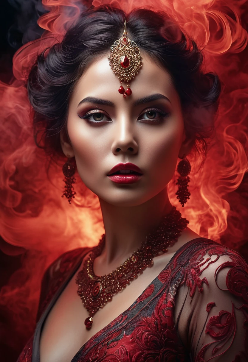A majestic work of art, a woman, intricately detailed, with an intense, piercing gaze emanating from her singular, striking eye, set against a backdrop of ethereal, swirling red smoke that appears to shift and undulate as if alive, illuminated by a cinematic lighting scheme that casts dramatic, high-contrast shadows and highlights, evoking a sense of mystery and the otherworldly, with each element expertly rendered in exquisite, high-definition detail, exuding a sense of artistic mastery and visual sophistication.
