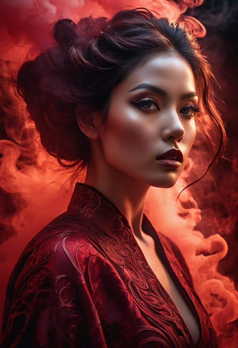 A majestic work of art, a woman, intricately detailed, with an intense, piercing gaze emanating from her singular, striking eye, set against a backdrop of ethereal, swirling red smoke that appears to shift and undulate as if alive, illuminated by a cinematic lighting scheme that casts dramatic, high-contrast shadows and highlights, evoking a sense of mystery and the otherworldly, with each element expertly rendered in exquisite, high-definition detail, exuding a sense of artistic mastery and visual sophistication.
