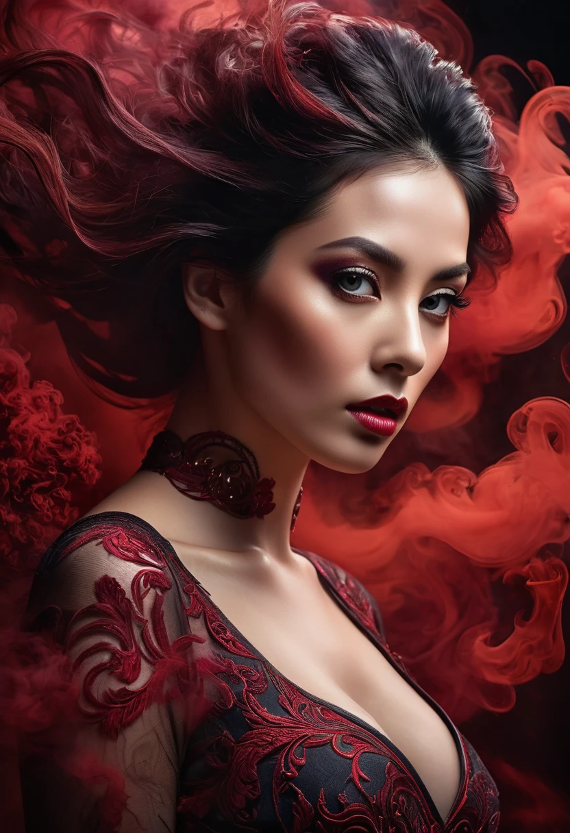 A majestic work of art, a woman, intricately detailed, with an intense, piercing gaze emanating from her singular, striking eye, set against a backdrop of ethereal, swirling red smoke that appears to shift and undulate as if alive, illuminated by a cinematic lighting scheme that casts dramatic, high-contrast shadows and highlights, evoking a sense of mystery and the otherworldly, with each element expertly rendered in exquisite, high-definition detail, exuding a sense of artistic mastery and visual sophistication.
