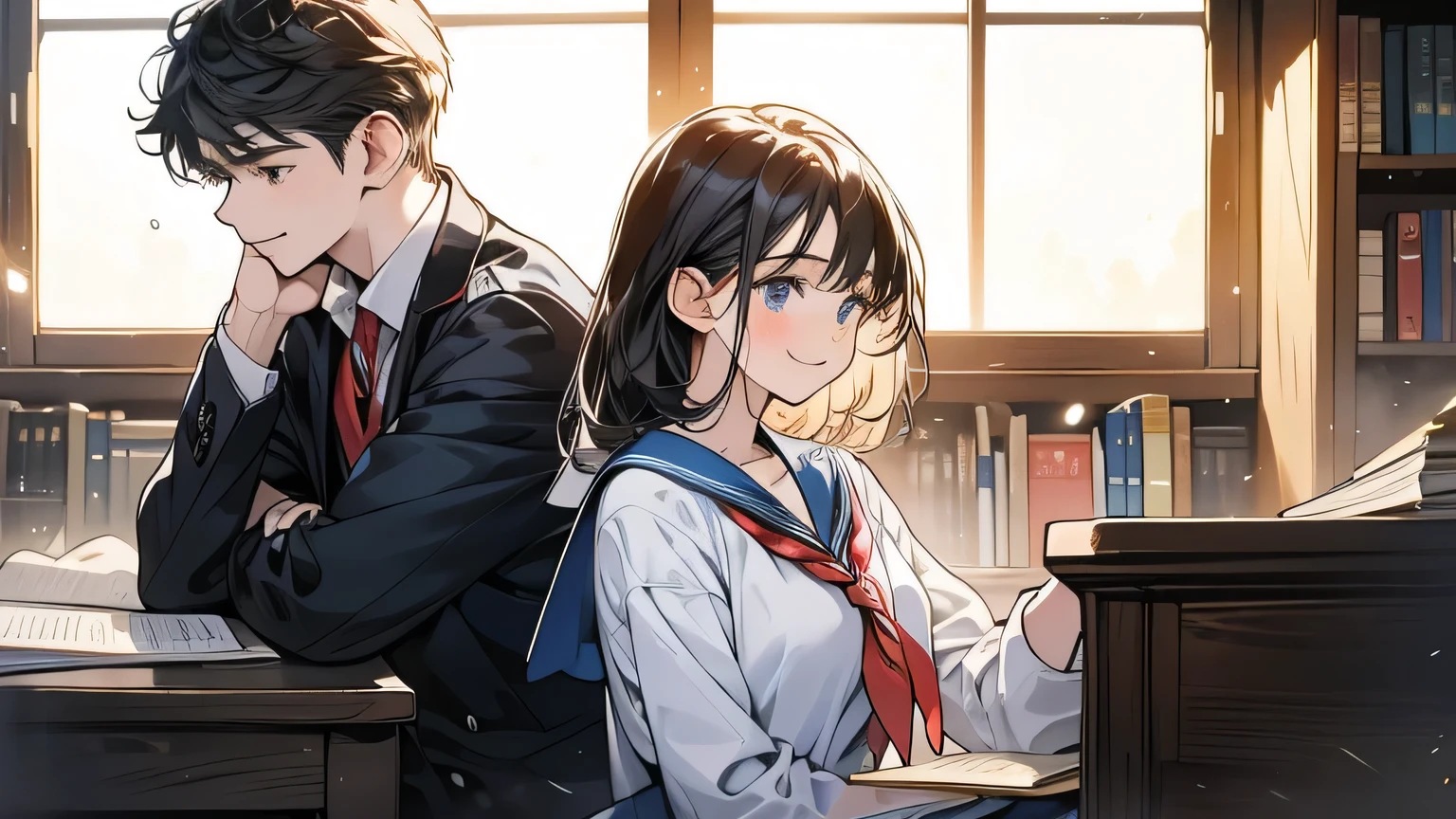 Create an anime-style image set in a bright and cozy library. The scene features two high school students, a boy and a girl, sitting side by side at a wooden desk. Both are wearing traditional Japanese high school uniforms—the boy in a white shirt with a tie and the girl in a sailor-style outfit. They are sitting side by side, with open books spread out on the desk in front of them, studying together. Both students are holding pens, writing something in their notebooks while looking at the books on the desk. They are smiling and enjoying each other's company. The scene is viewed from the front, showing their faces and the warm, soft light illuminating the space, creating a cheerful and pleasant atmosphere. In the background, large windows reveal a clear summer sky with vibrant blue colors, adding to the fresh and lively ambiance of the scene. The bookshelves filled with books further emphasize the library setting.
