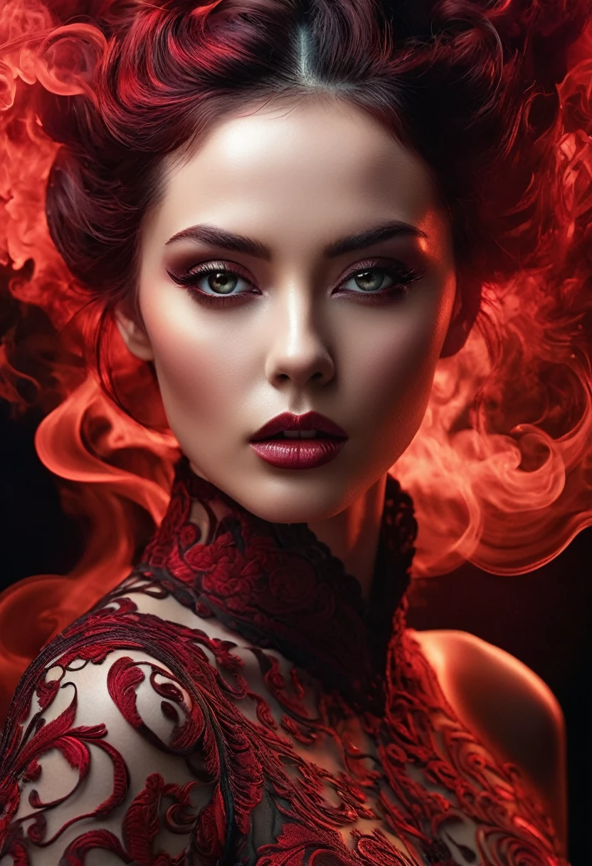 A majestic work of art, a woman, intricately detailed, with an intense, piercing gaze emanating from her singular, striking eye, set against a backdrop of ethereal, swirling red smoke that appears to shift and undulate as if alive, illuminated by a cinematic lighting scheme that casts dramatic, high-contrast shadows and highlights, evoking a sense of mystery and the otherworldly, with each element expertly rendered in exquisite, high-definition detail, exuding a sense of artistic mastery and visual sophistication.