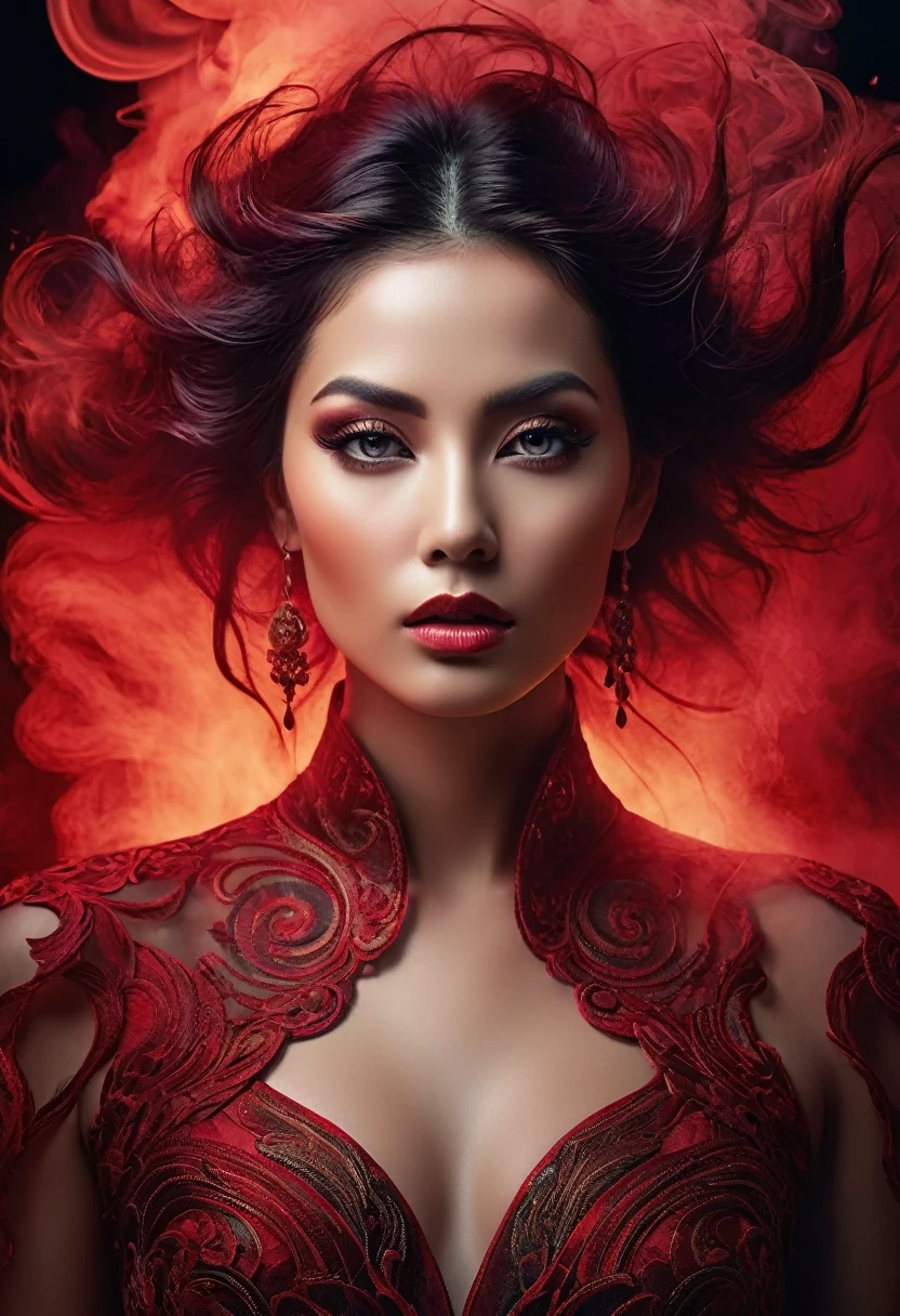 A majestic work of art, a woman, intricately detailed, with an intense, piercing gaze emanating from her singular, striking eye, set against a backdrop of ethereal, swirling red smoke that appears to shift and undulate as if alive, illuminated by a cinematic lighting scheme that casts dramatic, high-contrast shadows and highlights, evoking a sense of mystery and the otherworldly, with each element expertly rendered in exquisite, high-definition detail, exuding a sense of artistic mastery and visual sophistication.