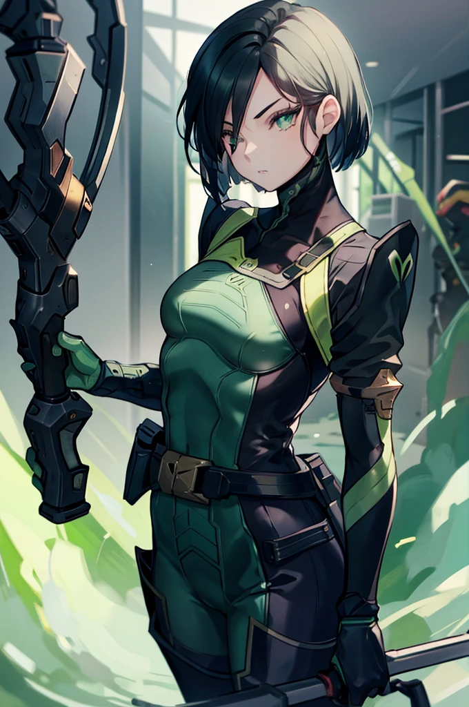 valorantViper, green eyes, bodysuit, formal, eye patch, holding a crutch