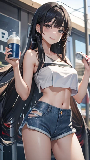 Honor student,Beautiful black hair,long hair,(Straight Hair),high school girl,(boyish),Dark Eyes,(Muscular:0.9),tall,(Slim body),(自信に満ちたsmile),smile,(White tube top:1.3),(High cut denim shorts:1.4)