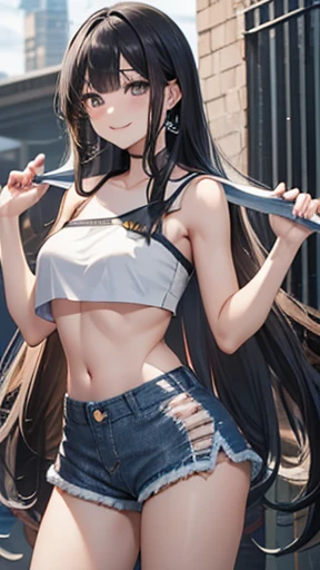 Honor student,Beautiful black hair,long hair,(Straight Hair),high school girl,(boyish),Dark Eyes,(Muscular:0.9),tall,(Slim body),(自信に満ちたsmile),smile,(White tube top:1.3),(High cut denim shorts:1.4)
