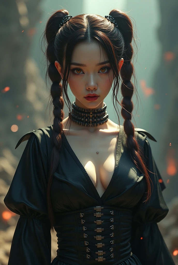 Goth Asian Woman, red lips, white skin, browns pigtail hair, muscle body, (amber glowing shiny eyes), dynamic background, looking at the center camera, painting style, beautiful detailed intricate insanely detailed octane render trending on artstation, 8 k artistic photography, photorealistic concept art.