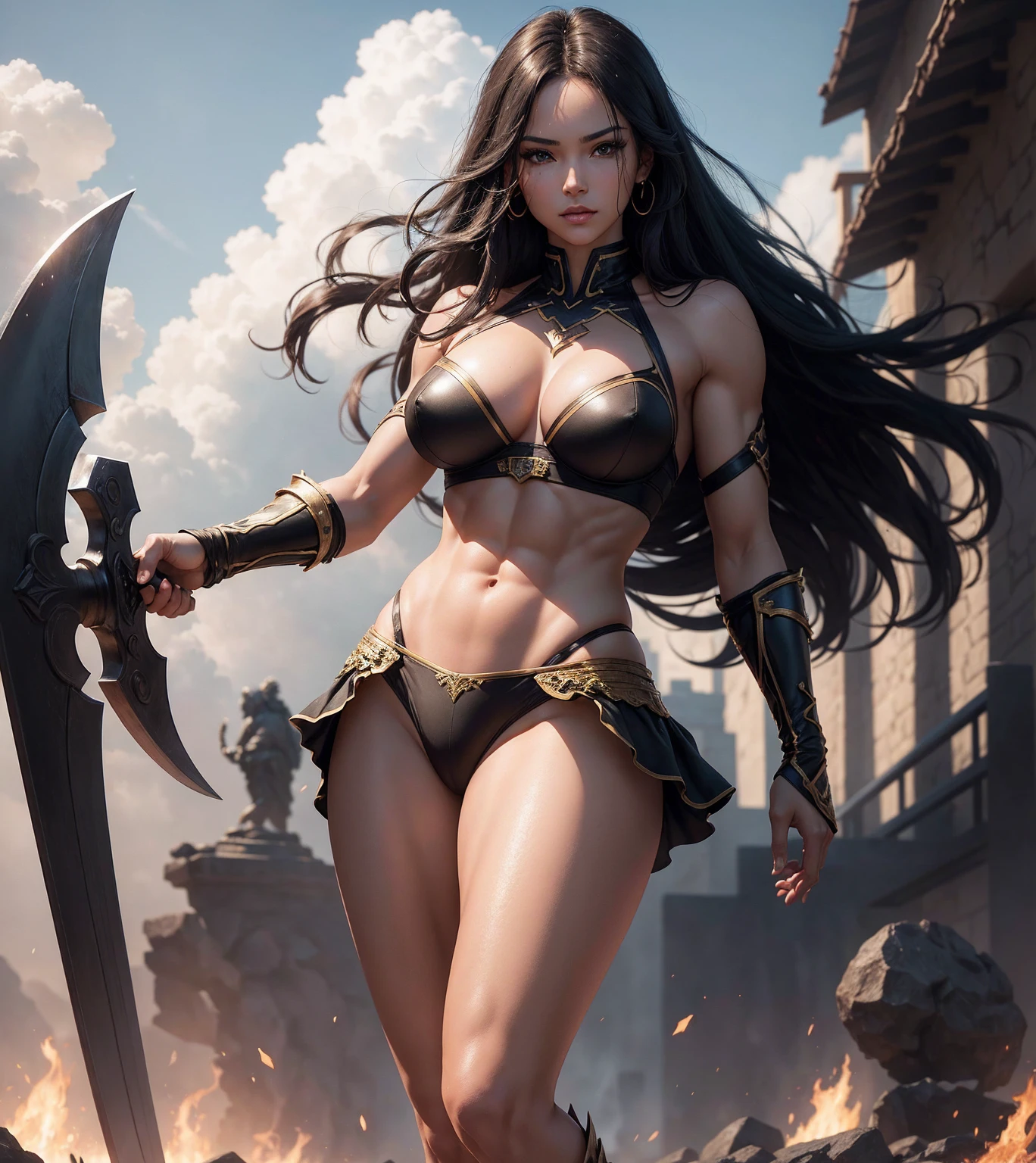 8k,A dark-haired Jamaican demon hunter,super beauty(like the real thing),Demon Slayer Jamaicana Sexy, a long and large sword,Perfect Anatomia,Charme,Volume measurement,body balance,single lens reflex digital camera, soft lighting, detailed back ground, Depth of written limit, LARGE GOLDEN COVER, HOLDING A LARGE GOLDEN COVER, (realisitic, 超realisitic:1.4), 16k hdr, dawn,A high resolution,super realisitic 肌,super beautiful expression,Fantasyart,character art,wind effects:1.9、cloud effect:1.2、holding a viking axe, gold accents, fleshy lips, High resolution with professional quality、perfect contrast、perfect lighting、perfect composition、perfect skin、perfect toes、perfect shaped breasts、perfect hair、face perfect、realisitic facial features,super high quality,slender figure,perfect body line,Perfect hand shape,Anatomical balance of the body,high-detailed face,highly-detailed eyes,beautiful lips,Excellent light particles,Cinema lighting,make up,ultra-high resolution,Ultra-realisitic Skin,super muscular body,Hard and strong abs,Yellow and black battle suit,and THREADS PANTIES, SEXY THONG PANTIES, SEXY LEATHER BRA, BIG BREASTS