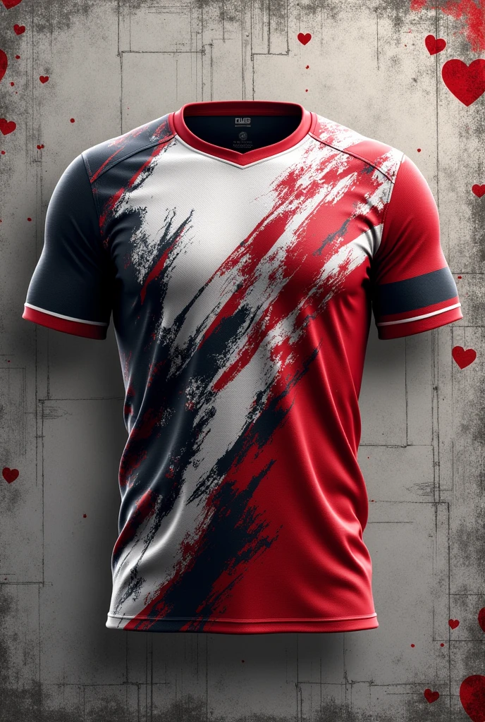 jersey template mockup stone grunge abstract design for football soccer, racing, gaming, run, red color and Details color White and Red hearts, show the back and front of the shirt