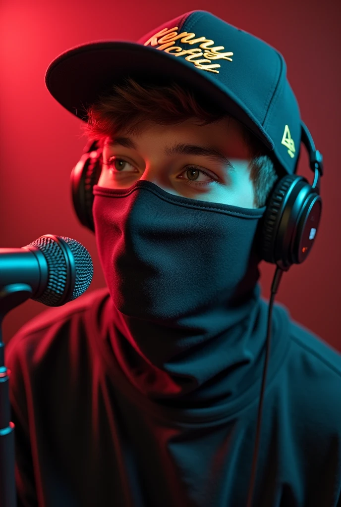 I need an image as realistic as possible of a 20-year-old young man., covered face and wearing a cap that says "Kenny Mcfly" that he is in a music studio and that he is standing in front of a microphone