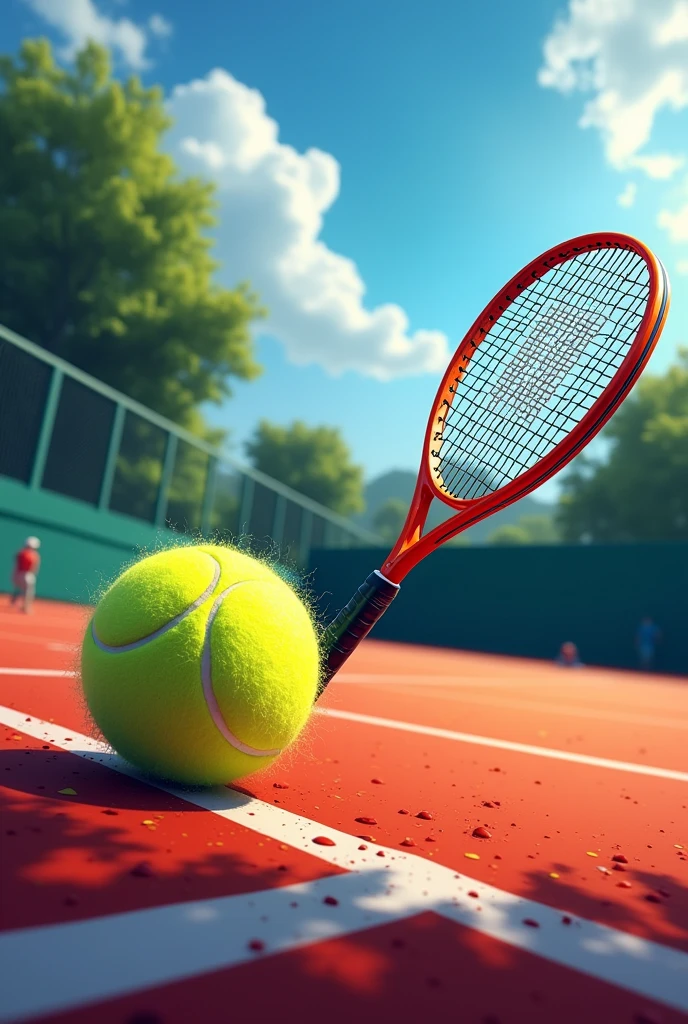 game day tennis graphic poster, do not include people, include at least on tennis ball and racket, leave a blank space in the center of frame