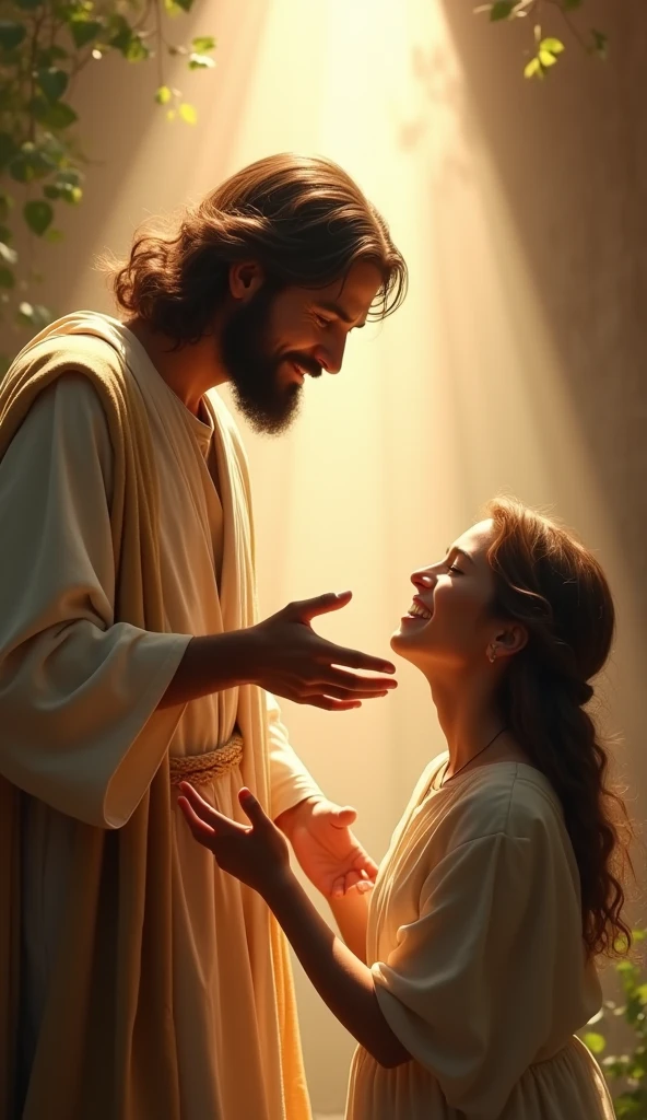 Create a compassionate image of Jesus healing a sick person. Depict Jesus with a gentle and caring expression as He touches or speaks to the individual in need of healing. The person should be shown with a look of relief and gratitude. The background can be a simple, serene setting with soft light, creating a sense of warmth and comfort. The overall mood should highlight the theme of compassion, divine healing, and the transformative power of Jesus' touch.












