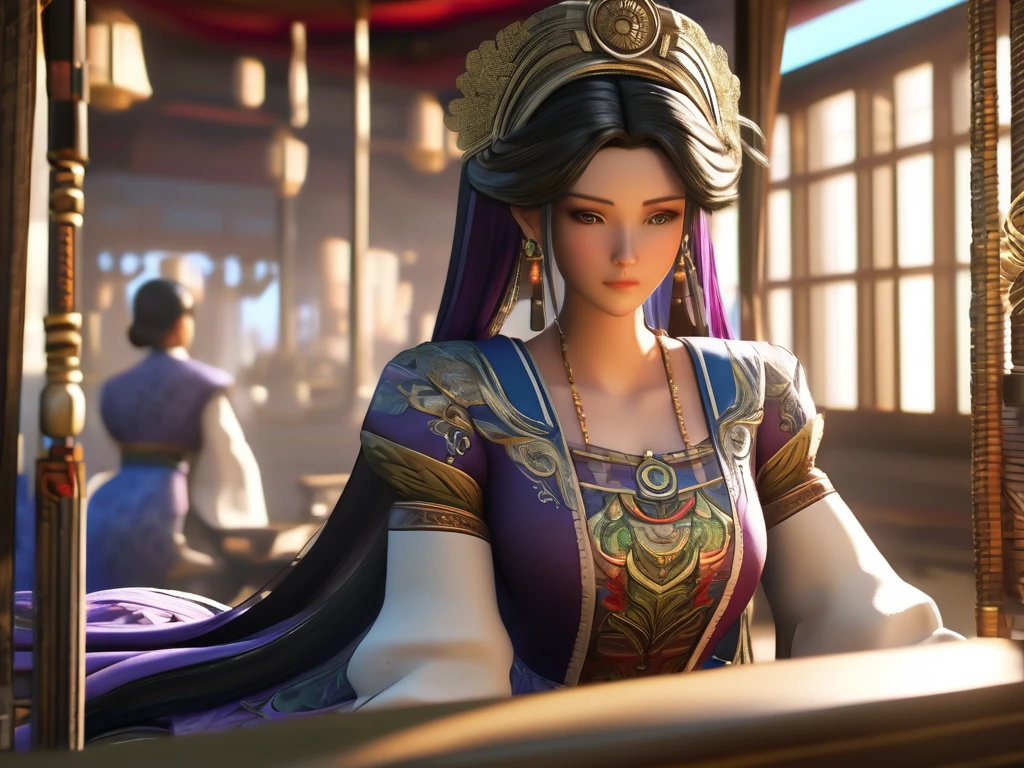 A woman named Mai Valentine (Tailor), Eyes gazing downward, sat n front of a stitching machine, Ancient times, 3D, Realistic anime character, Extremely detailed face and eyes, Beautifully dressed, Intricate details, Photorealistic, Cinematic lighting, Dramatic shadows