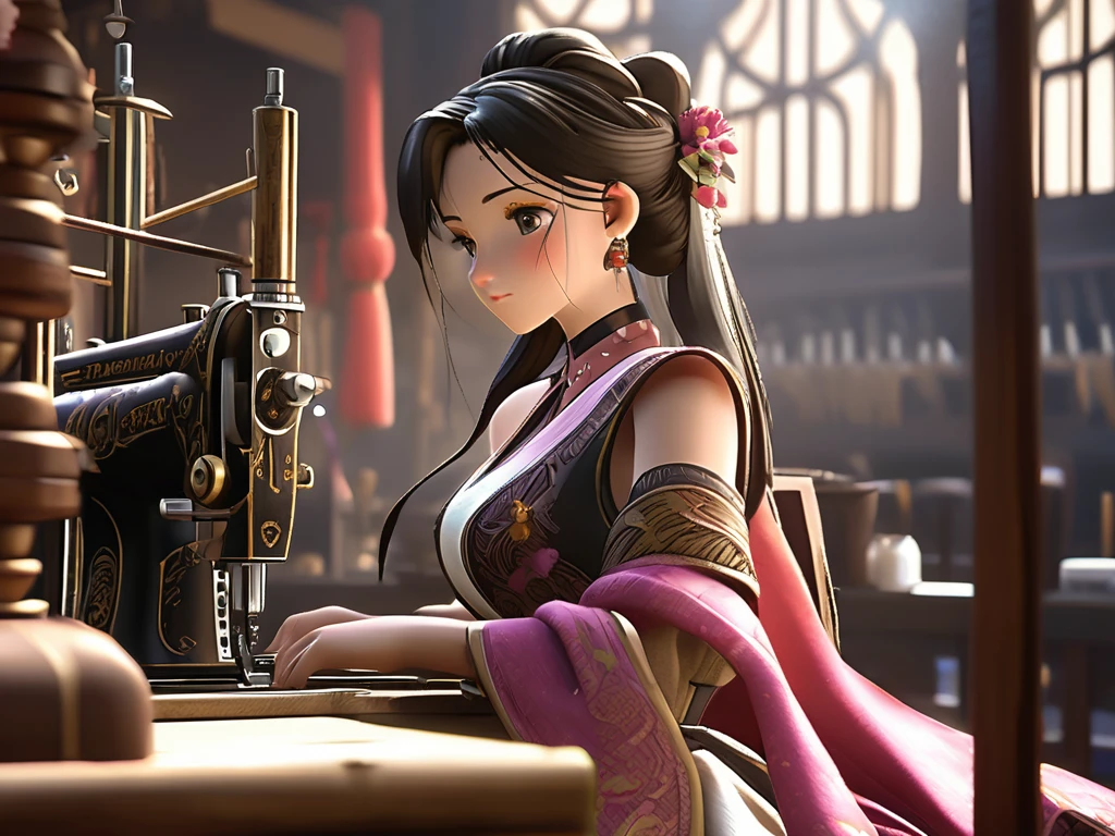A woman named Mai Valentine (Tailor), Eyes gazing downward, sat n front of a stitching machine, Ancient times, 3D, Realistic anime character, Extremely detailed face and eyes, Beautifully dressed, Intricate details, Photorealistic, Cinematic lighting, Dramatic shadows