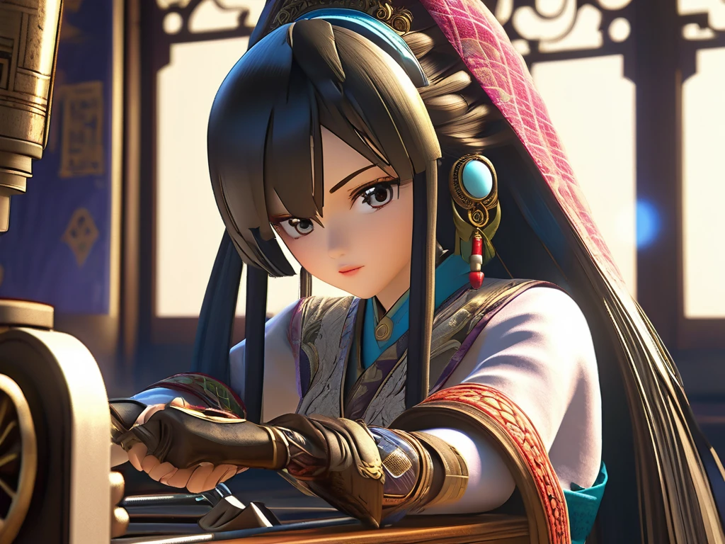A woman named Mai Valentine (Tailor), Eyes gazing downward, sat n front of a stitching machine, Ancient times, 3D, Realistic anime character, Extremely detailed face and eyes, Beautifully dressed, Intricate details, Photorealistic, Cinematic lighting, Dramatic shadows