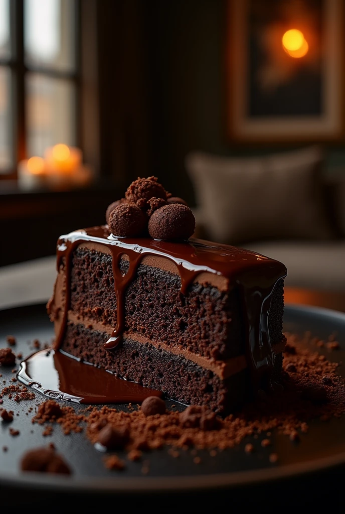 Chocolate cinematic movie scene, bolo de chocolate, darkness background, quality photo, Wet texture, penthouse, studio photo, slice. shallow depth of field, vignettes, highly detailed, high budget, bokeh, cinemascope, temperamental, epic, comely, film grain, grainy.