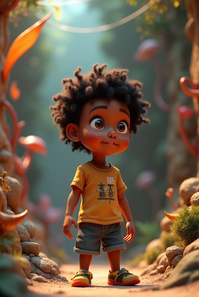 a black boy, curly hair, curious, looking forward, 3d